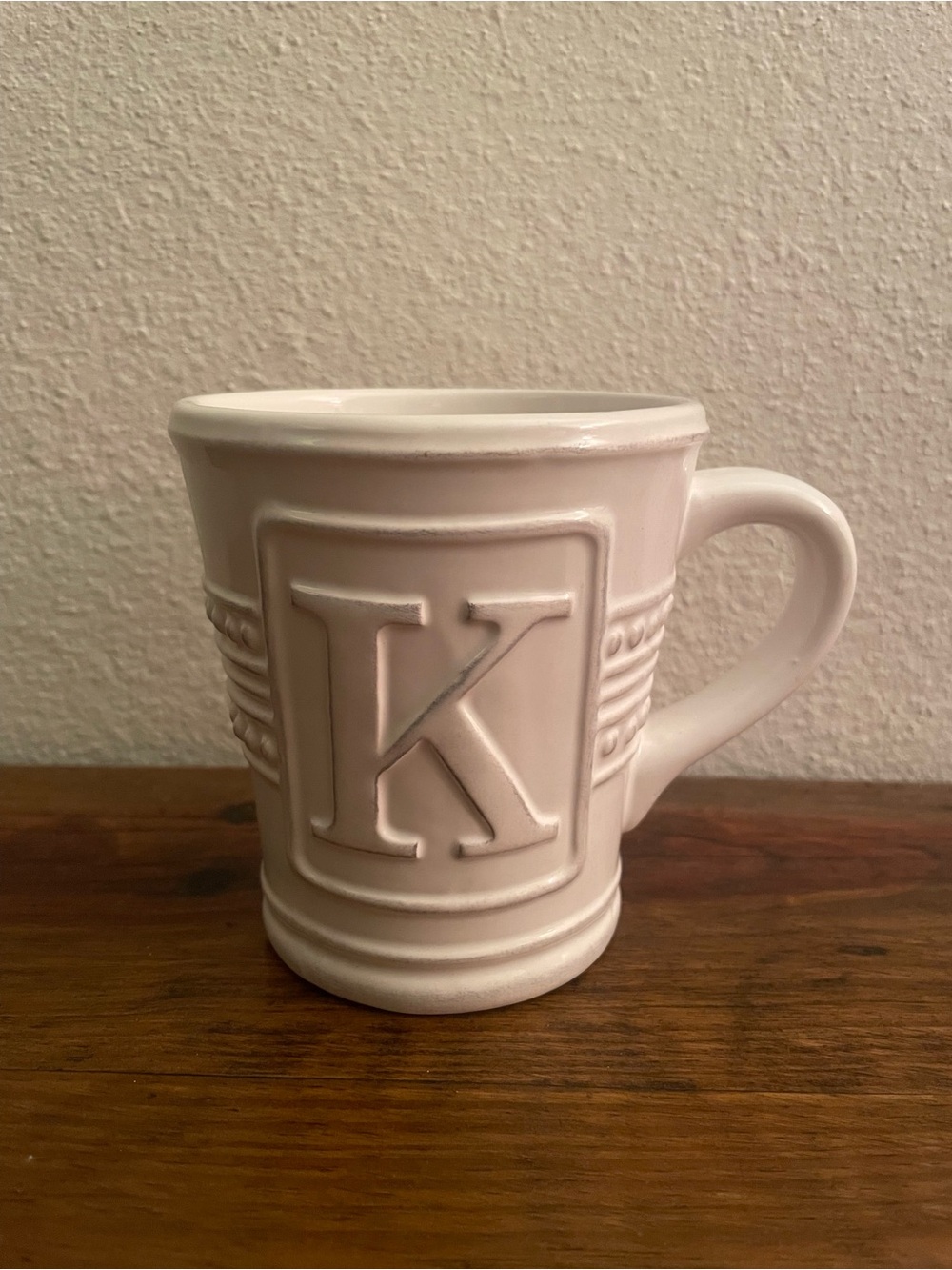 American Atelier White Ceramic Mug with Raised K Monogram